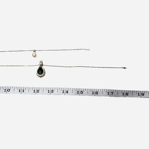 Necklaces Lot 2 Teardrop Pendants Blue Green Foil White Faux Pearl Gold Tone - Picture 7 of 9